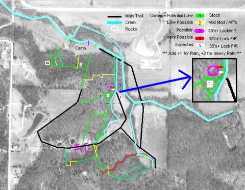 1998 Jeep TJ - This diagram shows a trail system with various routes marked by color, indicating different levels of difficulty and potential damage.