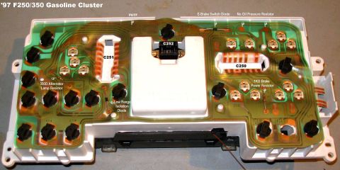 1983 Ford Bronco - 97 HD Cluster IF THE IMAGE IS TOO SMALL, click it. Note the lack of a resistor for the oil pressure gauge. Modifying this cluster to show t…