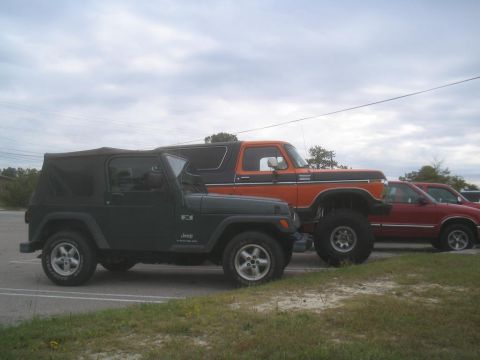 1979 Ford Bronco - A lifted 1979 Ford Bronco is parked in a line with other vehicles under an overcast sky.