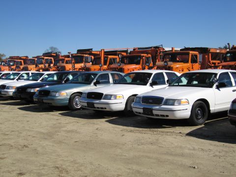 1991 Ford LTD Crown Victoria - A line of white Ford Crown Victoria sedans are parked in front of a row of orange snowplow trucks under a clear blue sky.