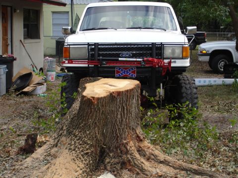 1989 Ford Bronco - 1989 Ford Bronco with a Confederate flag and Hi-Lift jack is parked in front of a large tree stump.