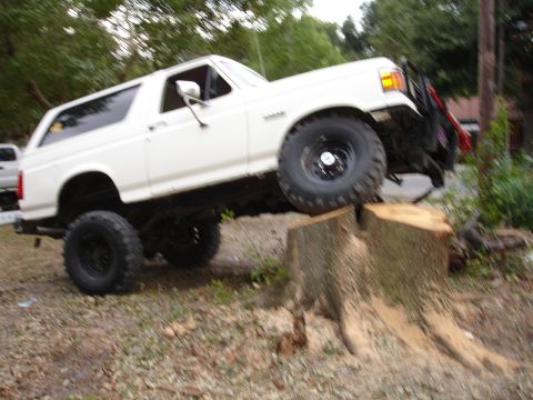 1989 Ford Bronco - A white Ford Bronco is shown with its front tire on a large tree stump, indicating off-road use.