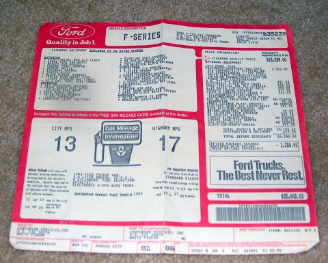 1995 Ford C-150 (Centurion Conversions) - Window sticker details the original sale price, options, and MPG for a 1995 Ford F-150.