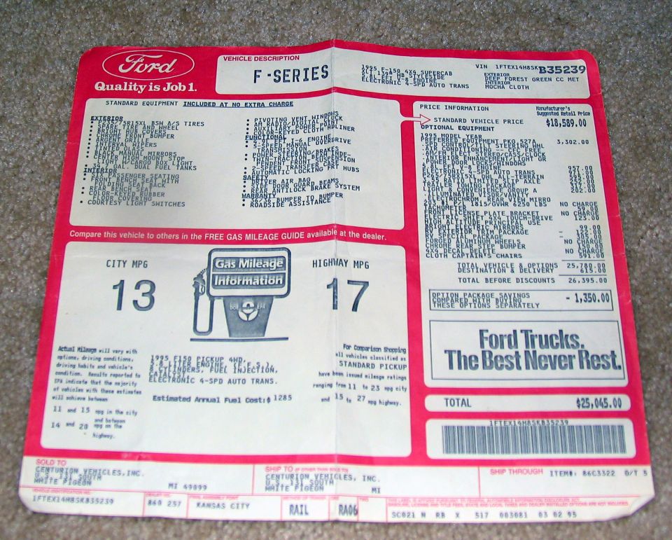 Ford F-Series window sticker showing price, MPG, VIN and Centurion Vehicles dealer info