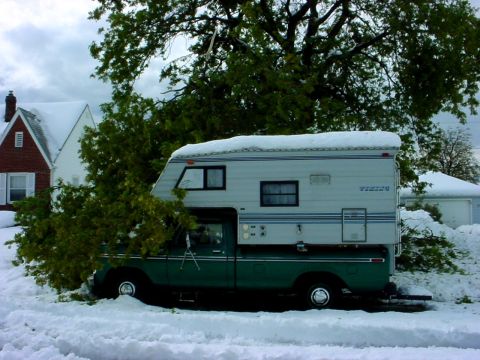 1973 Ford Ranchero - A green pickup truck with a camper shell is parked in the snow, with tree branches covering part of the vehicle.