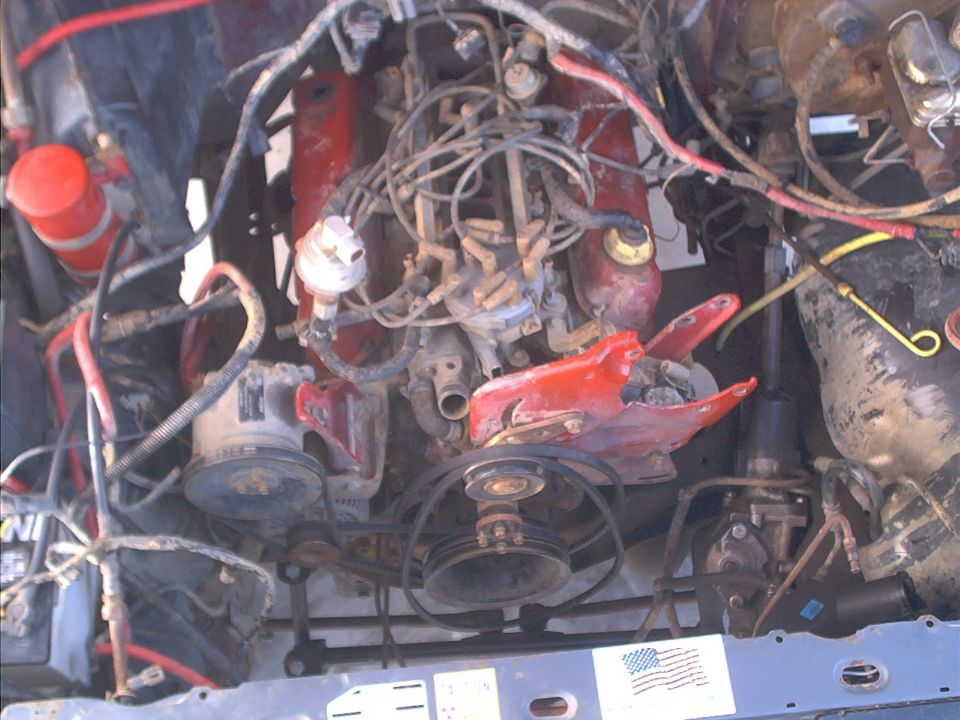 Engine bay with red valve covers and distributor cap