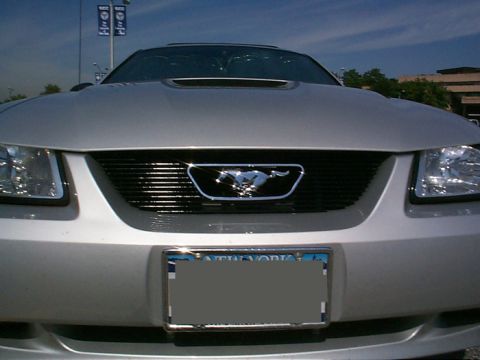 2000 Ford Mustang - Front view of a silver Ford Mustang its distinctive grille and horse emblem.