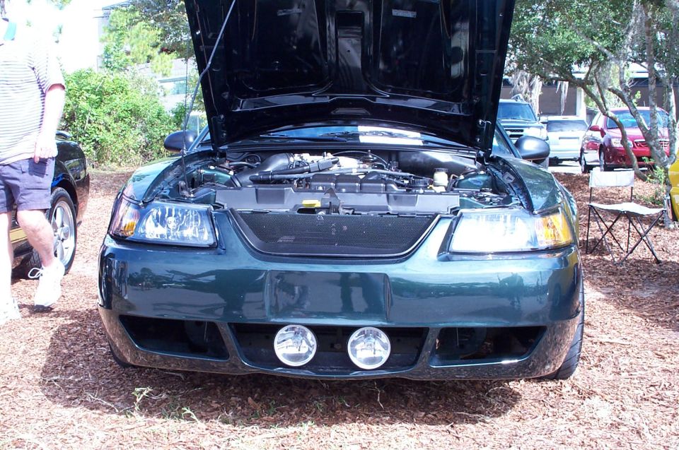 Front view of a dark green Ford Mustang with the hood open, showing the engine. Two round fog lights are mounted in the lower bumper