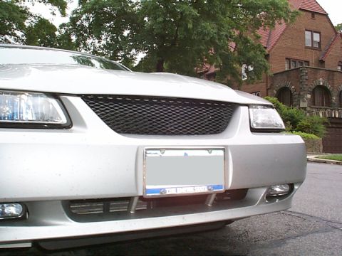 2000 Ford Mustang - The front of a silver car with a custom grille is shown, with a house in the background.