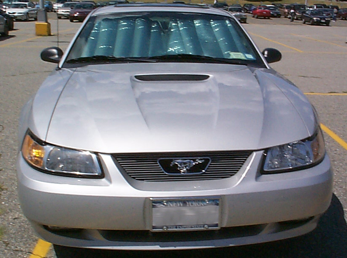 Silver 2000 Ford Mustang front view with custom grille and sunshade