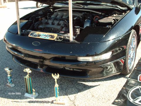 1995 Ford Probe - A black car, possibly a 1993 Ford Probe, is displayed with its hood open and trophies placed in front.