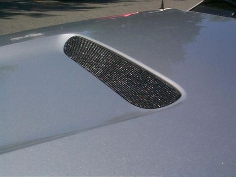 2000 Ford Mustang - Close-up of a silver car hood a black mesh scoop insert.