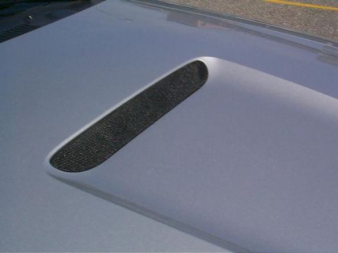 2000 Ford Mustang - A close-up view of a car's hood features a prominent scoop with a black mesh insert. The Supermotors.net logo is visible in the lower right…