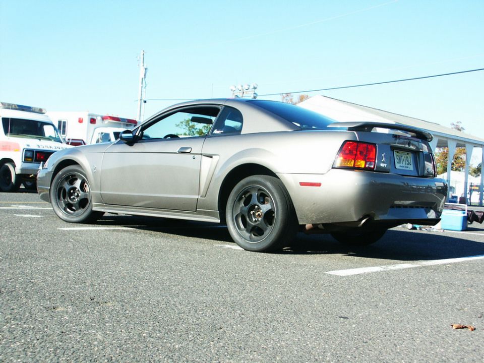 Gray Ford Mustang coupe with a spoiler, seen from the rear