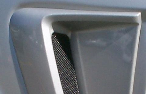 2000 Ford Mustang - Close-up of a vehicle's side scoop mesh cover, highlighting its textured insert and surrounding body panel.