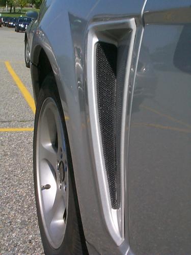 2000 Ford Mustang - Close-up of the side scoop with mesh on a 2000 Ford Mustang, with other vehicles visible in the background.