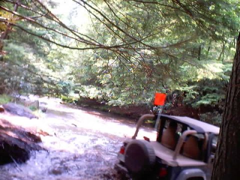 2001 Ford Escape - An off-road vehicle drives through a shallow stream surrounded by trees and foliage.