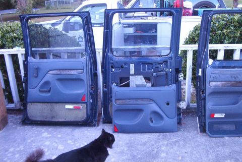 1988 Ford E250 - Disassembled Ford truck doors are laid out on the ground, with a cat nearby.