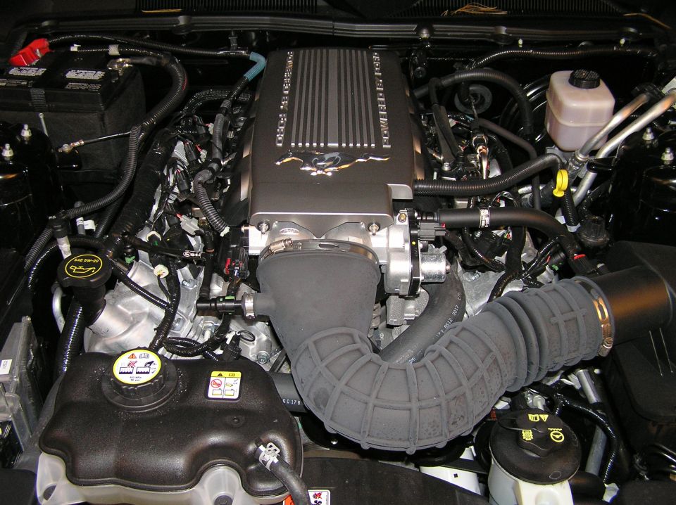 Notice the pony emblem on the top of the engine. This was part of the optional package that also included the hood scoop (non-functional) and chrome exhaust tips.