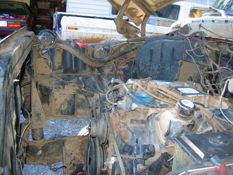engine bay with engine components, hoses, and wiring covered in dirt