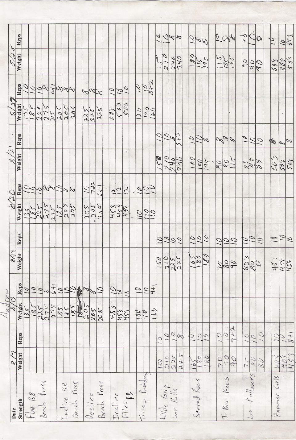 Workout log with dates, exercises, weights, and reps