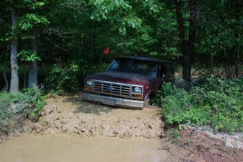 2001 Ford Escape - Ford Bronco stuck in a muddy area surrounded by trees.