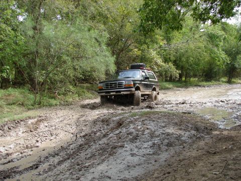1996 Ford Bronco - A black Ford Bronco navigates a muddy trail with trees on either side.