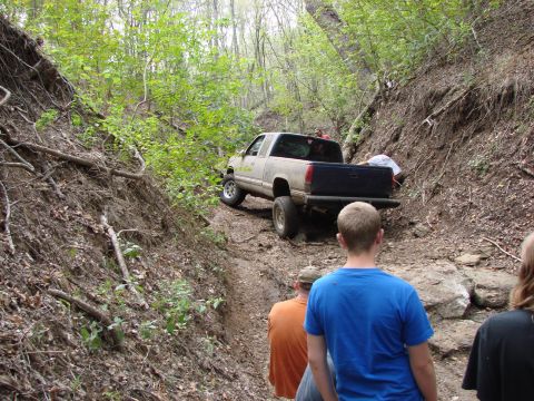 1996 Ford Bronco - A pickup truck is seen maneuvering through a challenging off-road trail surrounded by dense foliage.