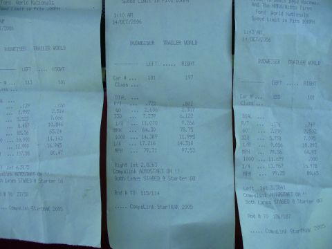 1991 Ford Probe - Multiple drag racing time slips showing car numbers, dial times, and speed data.