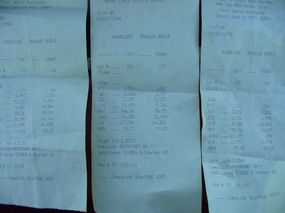 Three drag racing time slips from Ford World Nationals, dated 14/OCT/2006