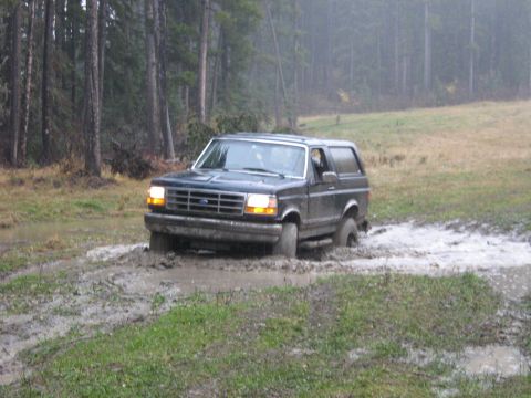 1995 Ford Bronco - A 1995 Ford Bronco navigates a muddy track in a wooded area.