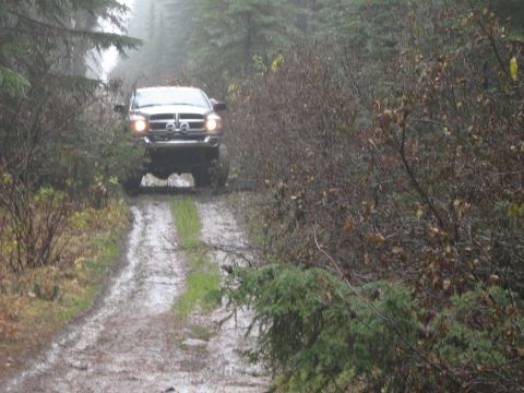 1995 Ford Bronco - A truck navigates a wet and muddy path through a dense forest.