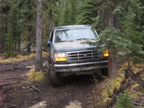 1995 Ford Bronco - This 1995 Ford Bronco is navigating a challenging muddy path through a dense forest.