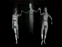 1991 Ford Bronco - Three figures appear as if in a holographic projection, their forms indistinct against a black background.