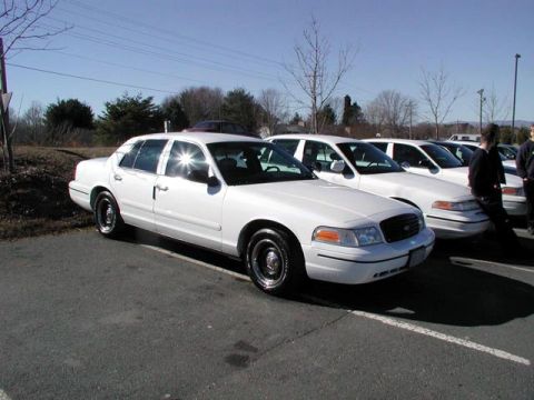 1998 Ford Crown Victoria - A line of white sedans are parked in an outdoor lot on a sunny day.