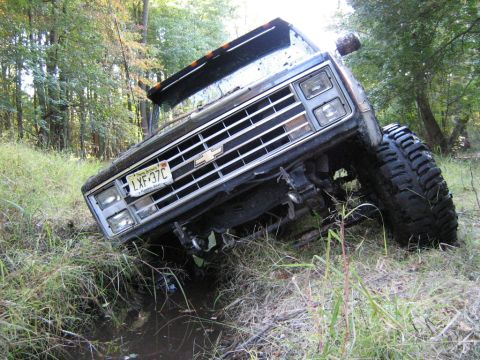 1990 Ford Bronco - This Chevrolet pickup truck appears to be stuck off-road in a grassy ditch.
