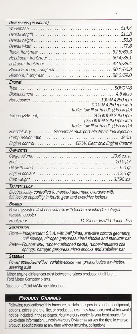 1996 Mercury Grand Marquis - 1996 GMQ broschure spec scan