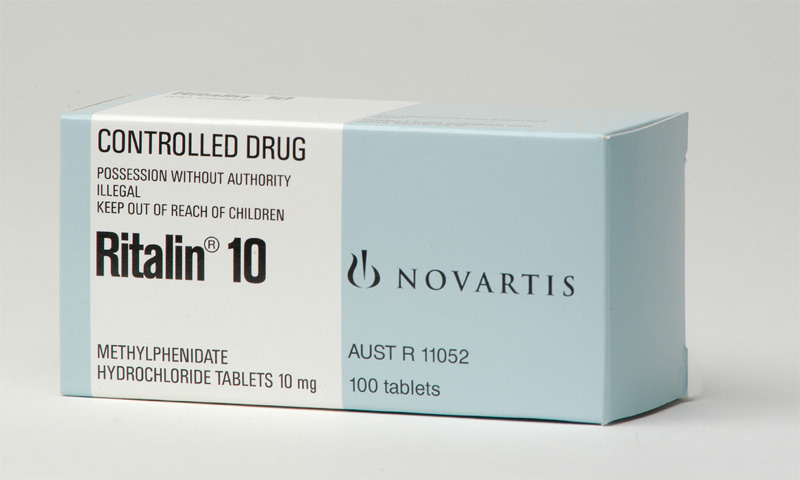Box of Ritalin 10 mg methylphenidate hydrochloride tablets, 100 count, Novartis