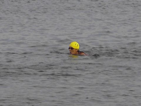 1991 Ford Bronco - A swimmer navigates through choppy water, wearing a yellow cap and goggles.