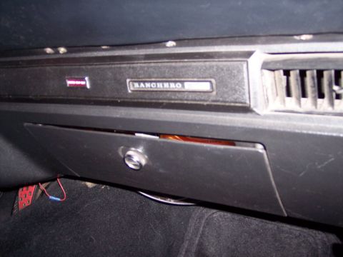 1972 Ford Ranchero - The interior of a vehicle, the glove compartment and a vent, with 'RANCHERO' badging visible.