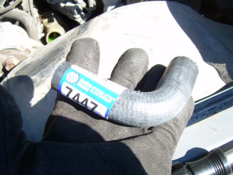 1988 Ford Bronco - A gloved hand holds a new radiator hose, part number 7447, ready for installation.