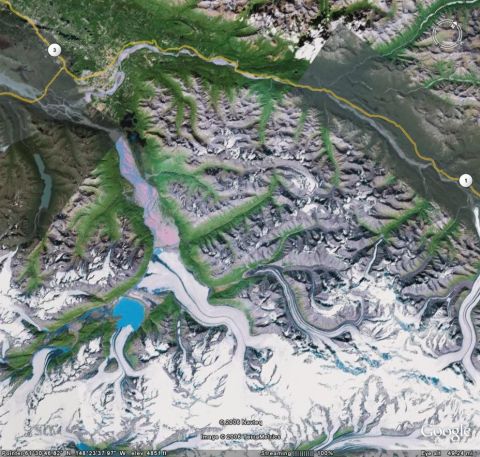 2003 Jeep TJ - Satellite image shows a vast, landscape of snow-capped mountains, glaciers, and rivers in Alaska.