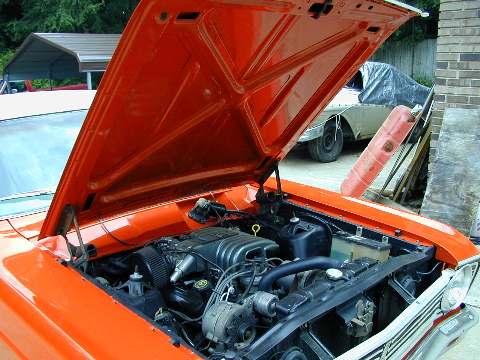 1967 Ford Ranchero - The engine bay of a 1967 Ford Ranchero is open, revealing its V8 engine and surrounding components.
