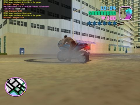 1990 Ford Probe - A motorcycle performs a burnout in a city environment, captured from a side perspective within a video game.