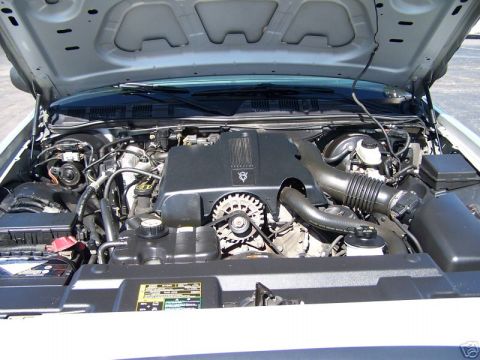 2003 Ford Crown Victoria - The engine bay of a 2003 Ford Crown Victoria is shown with the hood open, revealing the V8 engine and associated components.