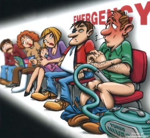 1991 Ford Bronco - A humorous illustration depicts a crowded emergency room waiting area with various characters exhibiting discomfort and ailments.