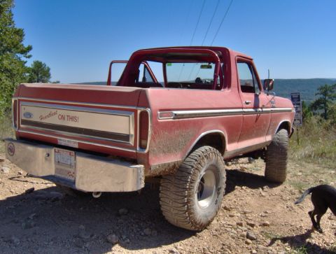 1978 Ford Bronco - This 1978 Ford Bronco is shown from the rear quarter angle on a dirt road with a dog nearby.