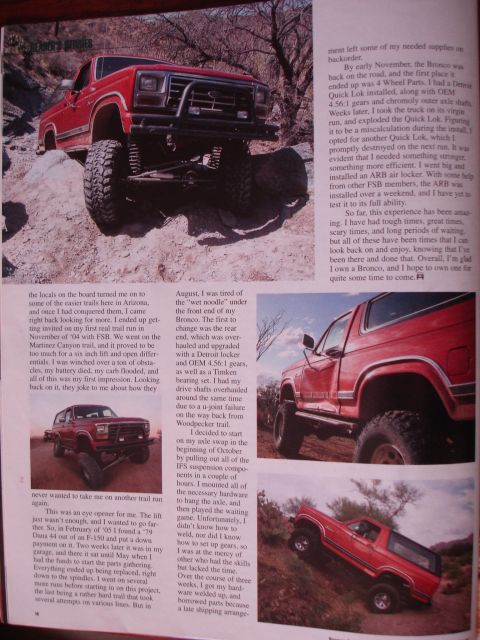 1984 Ford Bronco - This modified red Ford Bronco is shown on a rocky off-road trail, demonstrating its capabilities.