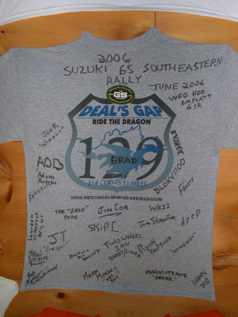 1985 Ford LTD Crown Victoria - Photo of a gray Deal's Gap Ride the Dragon US-129 rally t-shirt covered in handwritten signatures from 2006 Suzuki GS rally attendees.