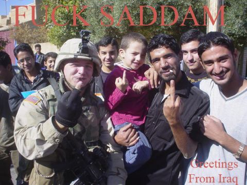 1976 GMC C/K Pickup - A soldier and several children pose for a photo, both groups displaying the middle finger. Text above reads "FUCK SADDAM".